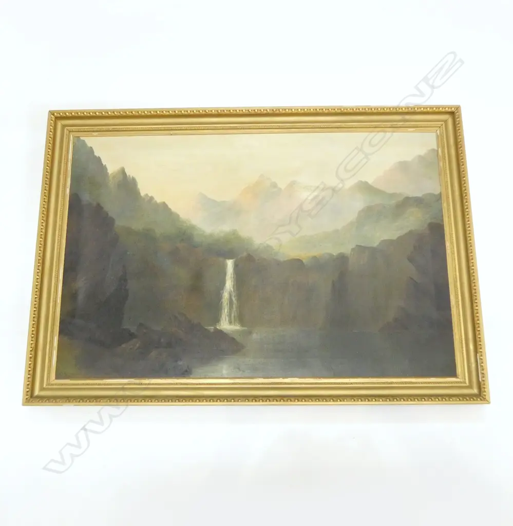 J. D. PERRETT, LANDSCAPE w. WATERFALL, OIL ON CANVAS 570x870mm OLD REPAIR Image 1++