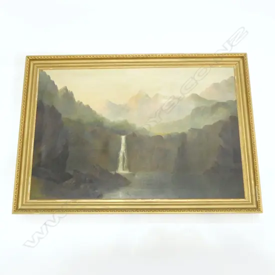 J. D. PERRETT, LANDSCAPE w. WATERFALL, OIL ON CANVAS 570x870mm OLD REPAIR