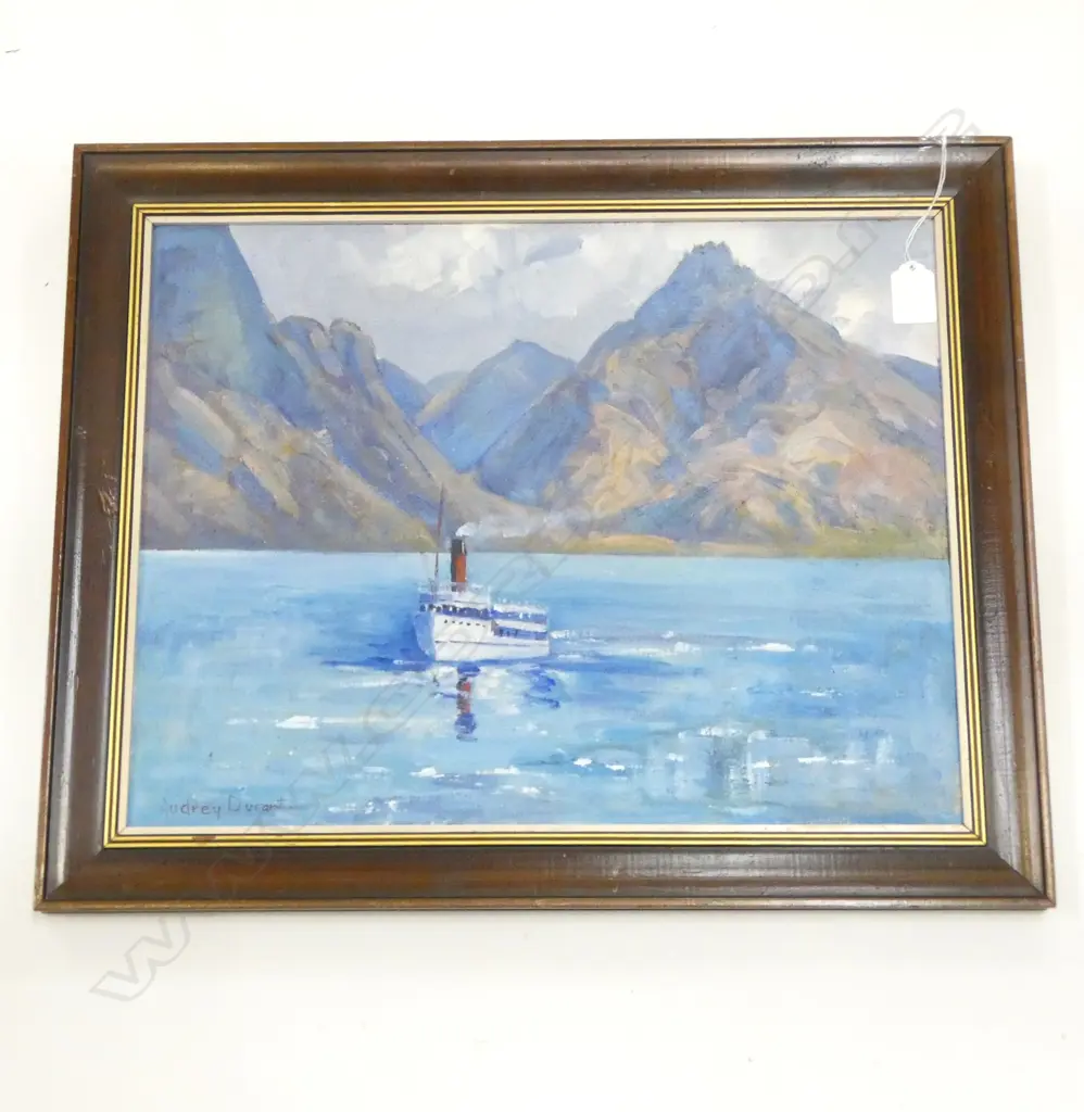AUDREY DURANT, CECIL PEAK LAKE WAKATIPU w. EARNSLAW STEAMER, OIL ON BOARD, 340x440mm Image 1++