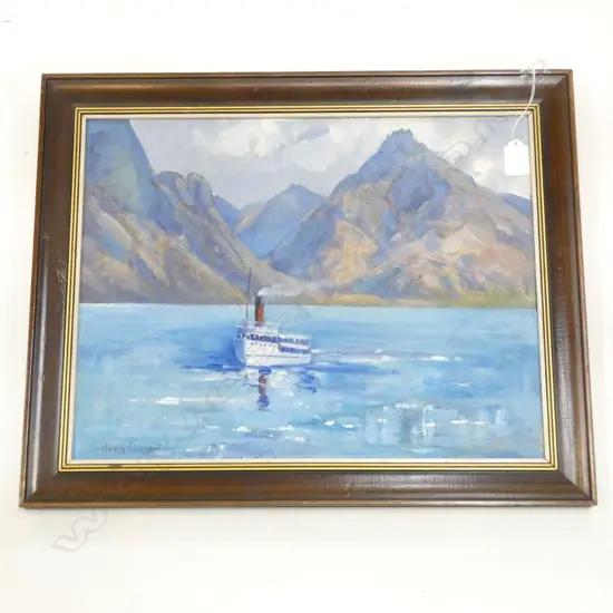 AUDREY DURANT, CECIL PEAK LAKE WAKATIPU w. EARNSLAW STEAMER, OIL ON BOARD, 340x440mm