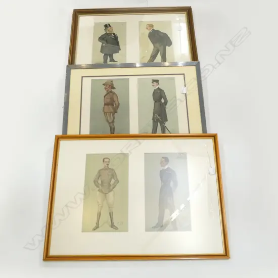 THREE FRAMED ANTIQUE VANITY FAIR SPY PHOTOLITHOGRAPHIC DIPTYCHS - ONE W BROKEN GLASS
