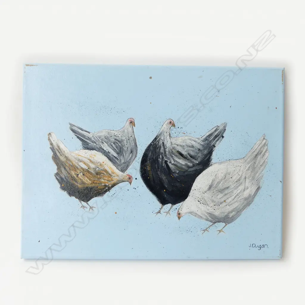 J. DUGAN, CHICKENS, OIL ON CANVAS 300x410mm Image 1++