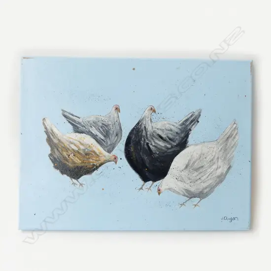 J. DUGAN, CHICKENS, OIL ON CANVAS 300x410mm