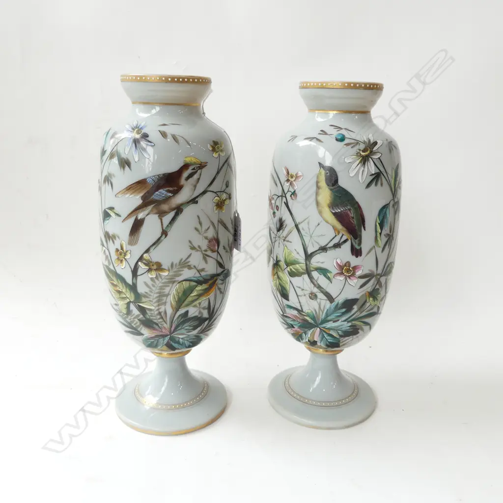 PR EARLY 20thC HAND PAINTED MILK GLASS VASES H300mm BASE REPAIRED Image 1++