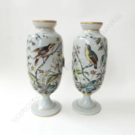 PR EARLY 20thC HAND PAINTED MILK GLASS VASES H300mm BASE REPAIRED