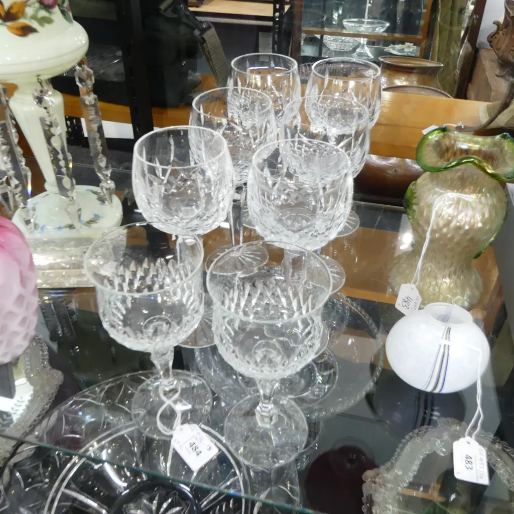 SET OF SIX WATERFORD 'LISMORE' PATTERN HOCK GLASSES (ONE w. CHIP) & 2 CRYSTAL WINE GLASSES Image 1++