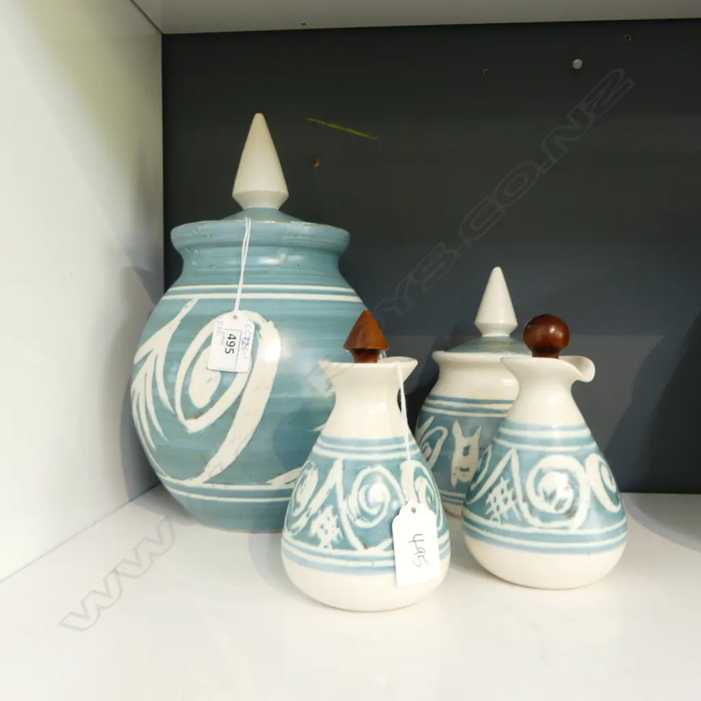 GRADUATED PR HAMNER LIDDED STORAGE JARS w. 2 WOOD STOPPERED CRUETS; Largest H.280mm Image 1++