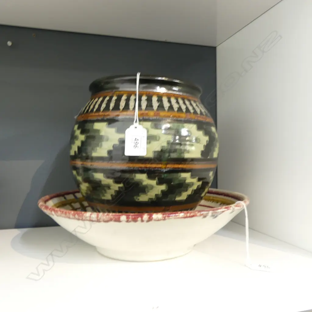 DAVID HUFFMAN POTTERY BOWL w. UNMARKED POTTERY VASE H.230mm Image 1++