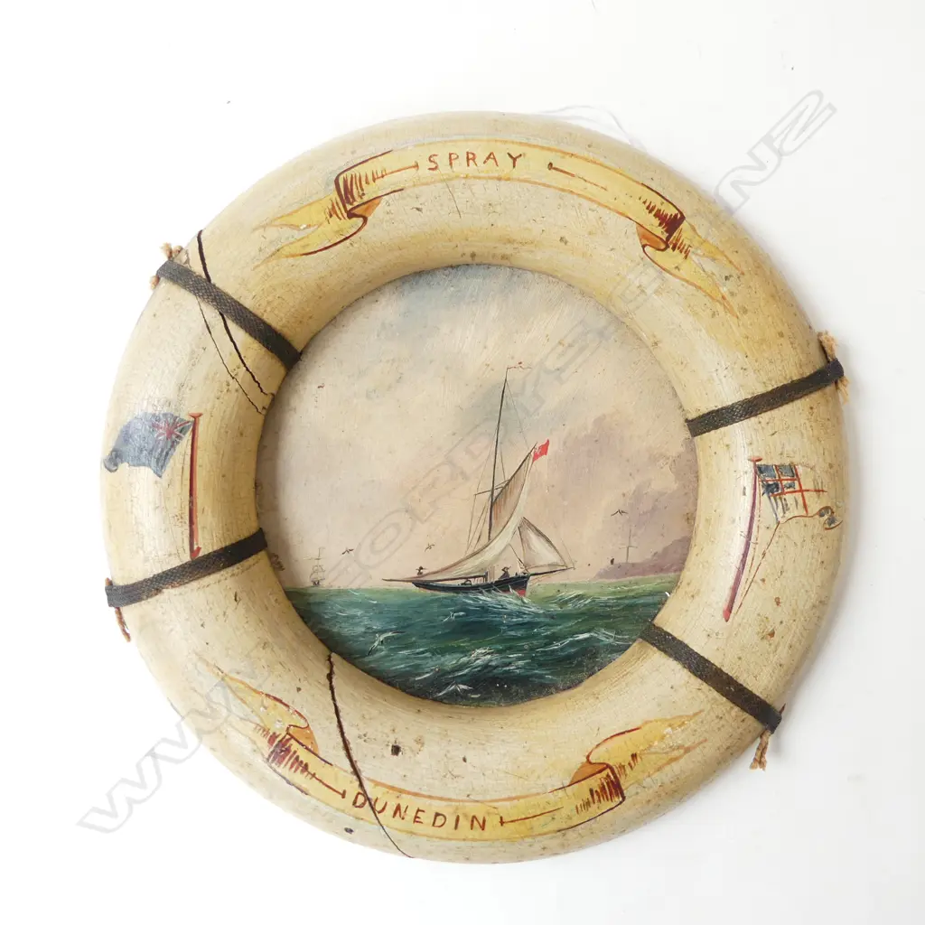 ANTIQUE ARTWORK IN LIFE BUOY FRAME 'SPRAY - DUNEDIN' 225mm dia Image 1++