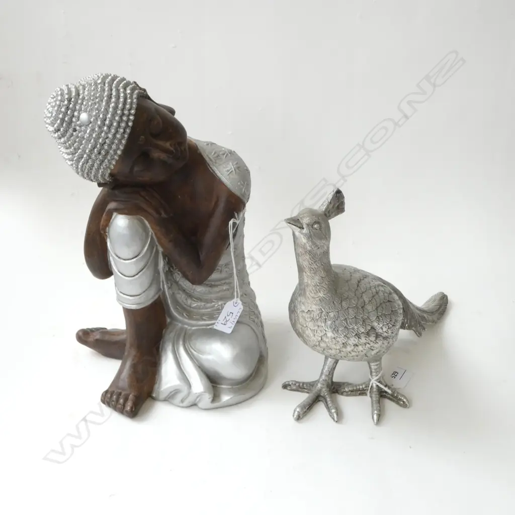 BUDDHA FIGURE H320MM & SILVER PHEASANT ORN L350MM Image 1++