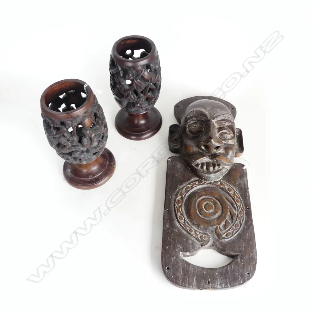 PR AFRICAN CARVED WOOD CANDLE HOLDERS H200MM & CARVED AFRICAN WOOD FACE MASK H440MM Image 1++