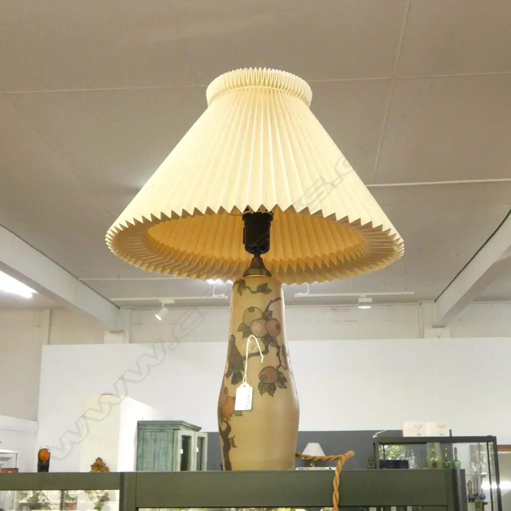 DANISH VINTAGE Hjorth ART POTTERY LAMP BASE c1940. stoneware base w birds & fruit. Pleated shade Image 1++