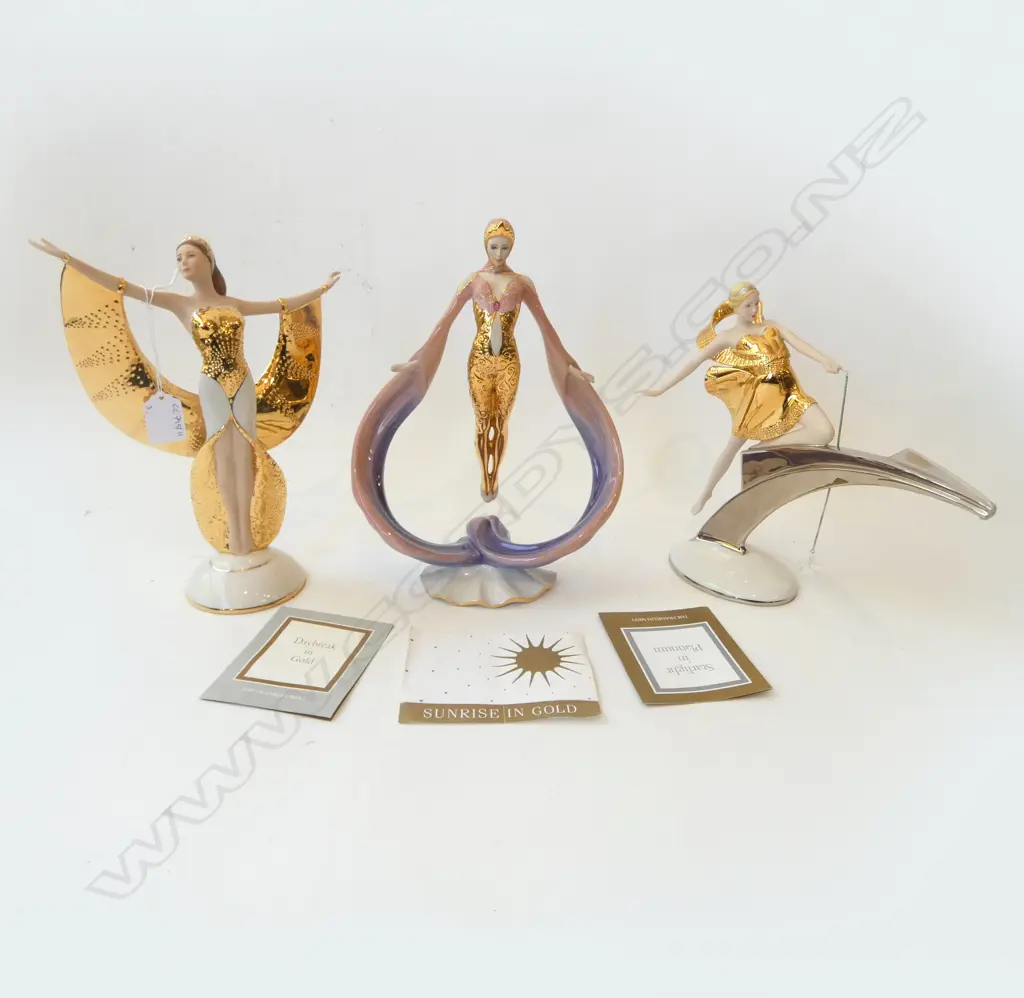 3 FRANKLIN MINT FIGURINES w. CERTIFICATES; DAYBREAK IN GOLD, STARLIGHT IN PLATINUM, SUNRISE IN GOLD H.280mm Image 1++