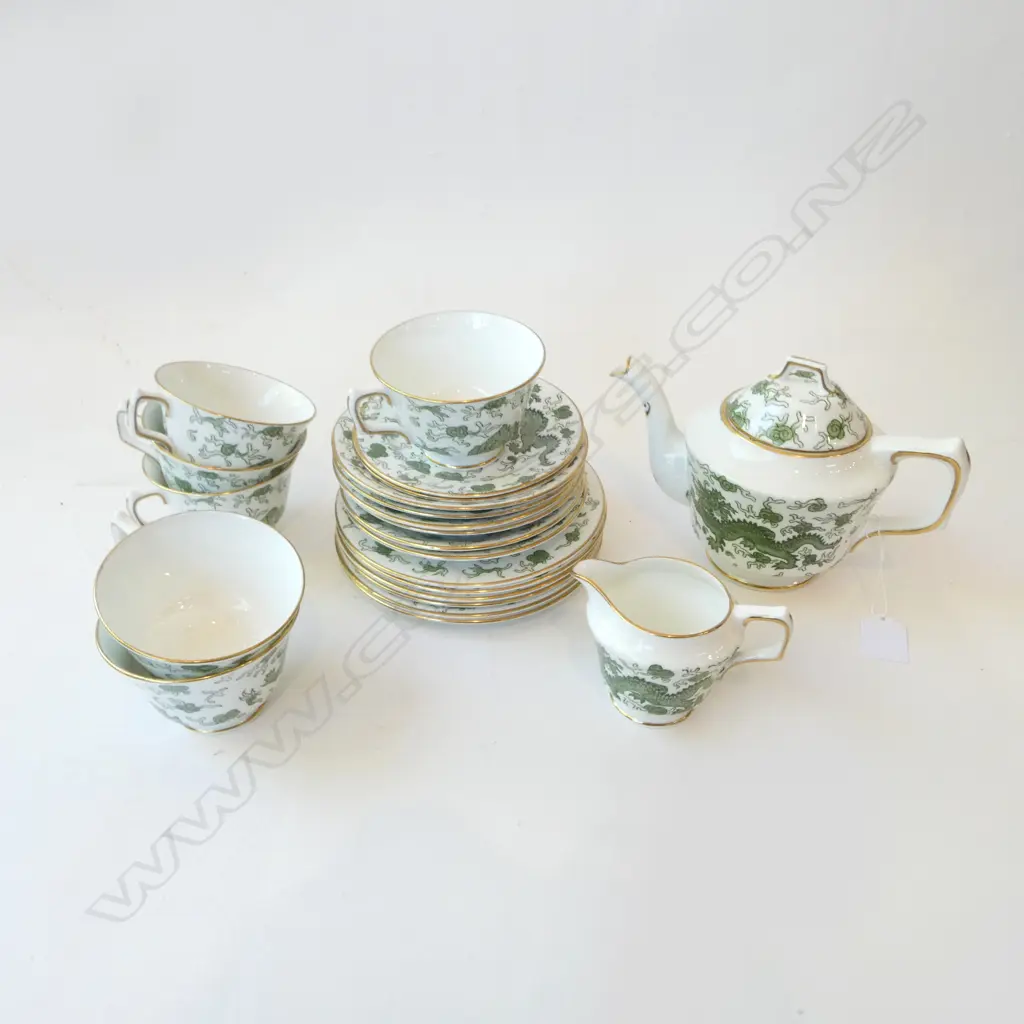 SUTHERLAND CHINA GREEN DRAGON TEA SET; 6 TRIOS, TEAPOT, JUG & 2 SAUCERS Image 1++