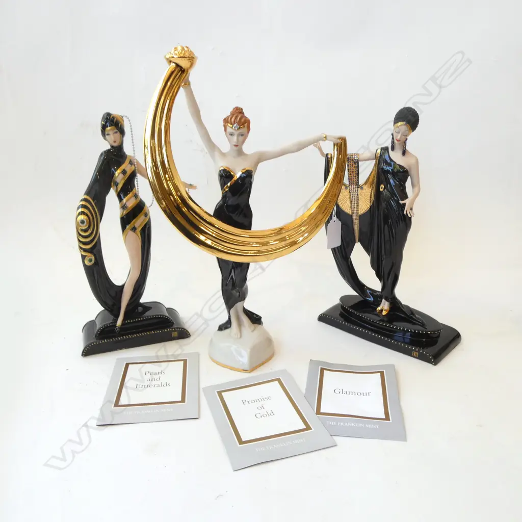 3 FRANKLIN MINT ERTE FIGURINES w. CERTIFICATES; PEARLS & EMERALDS, GLAMOUR, PROMISE OF GOLD H.310mm Image 1++