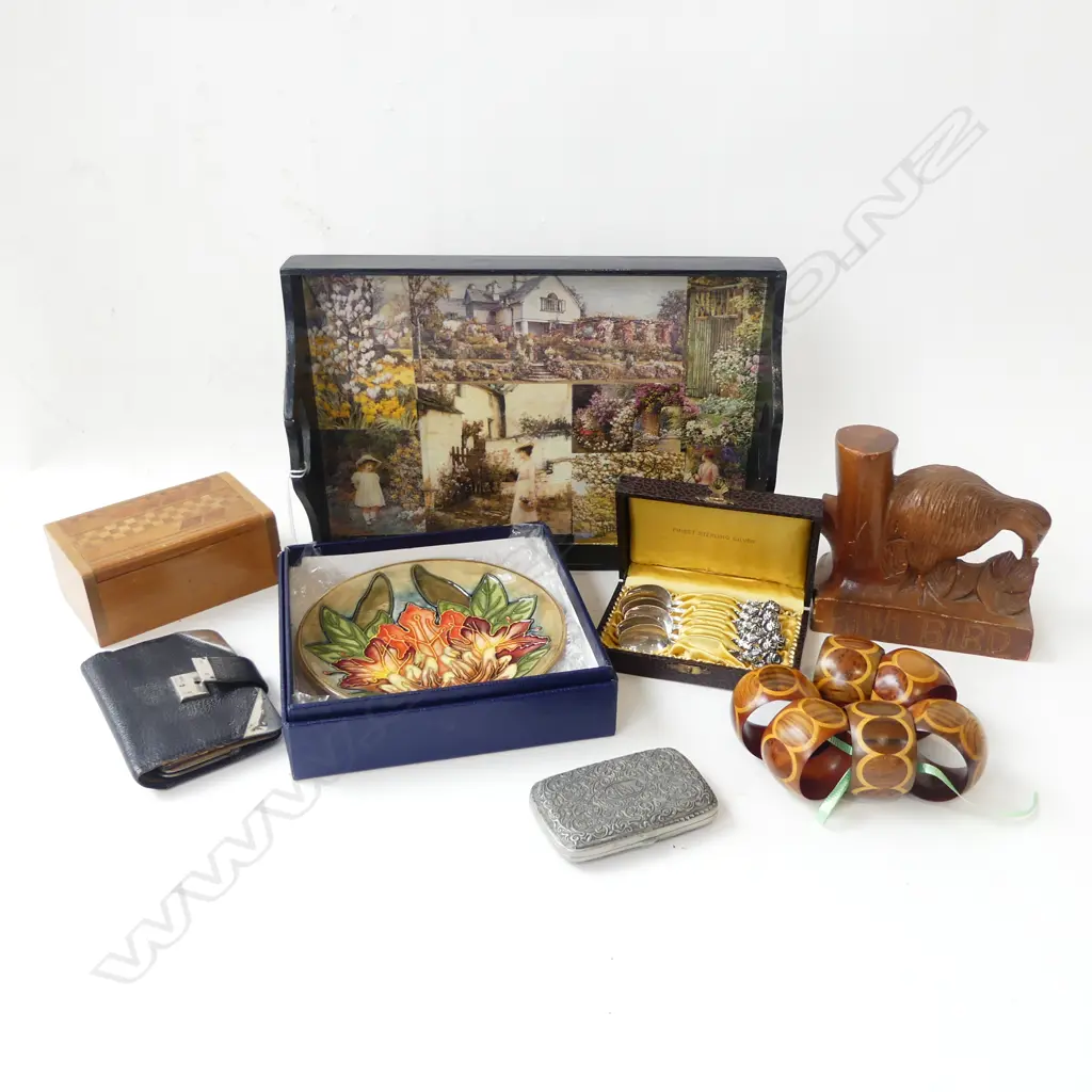 ASST. ITEMS INCL. MOORCROFT PLATE 160mm dia, BOXED, STG TRIM WALLET & 6 TEASPOONS, SOVEREIGN WARE ETC  Image 1++