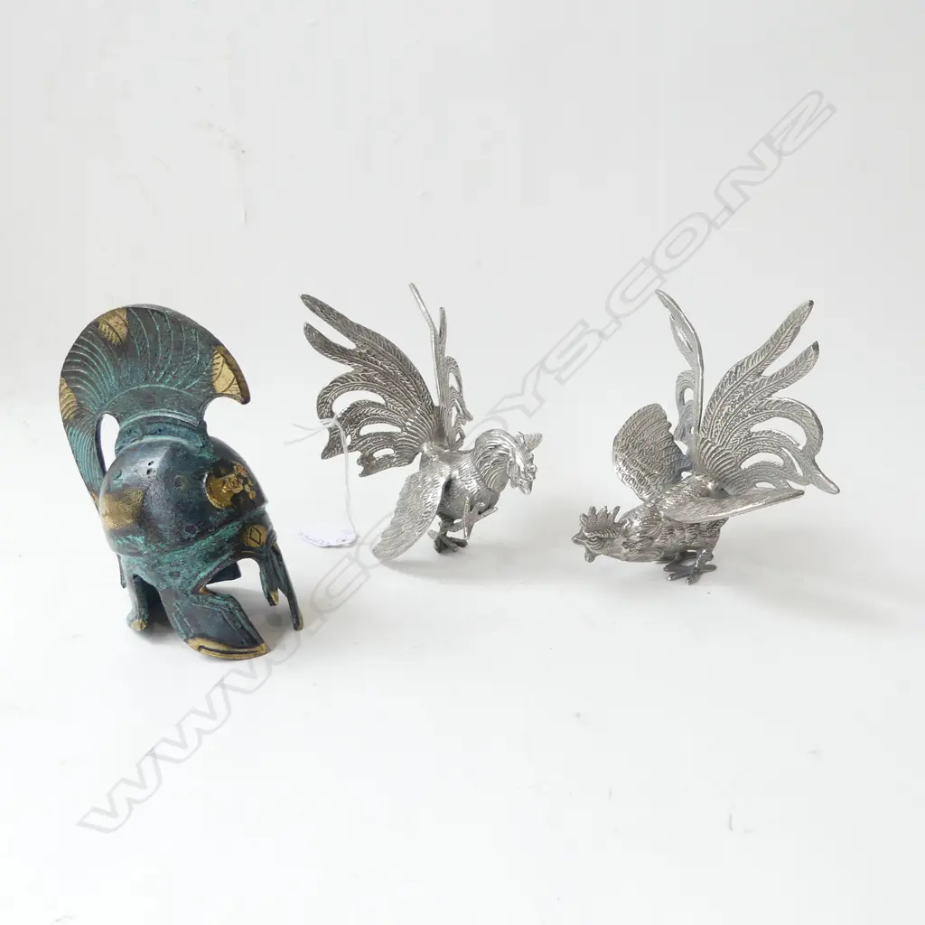 2 METAL ROOSTER ORNAMENTS w. HEAVY BRASS HELMET Image 1++