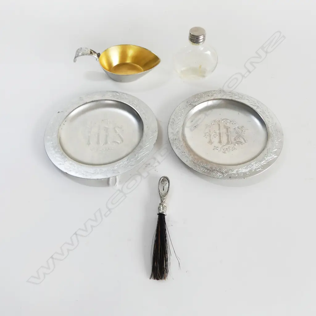 1897 CATHOLIC LAST RITES SICK CALL ITEMS INCL. HOLY WATER STOUP & BOTTLE, BRUSH, & TWO PATENS USA SILVER PLATED  Image 1++