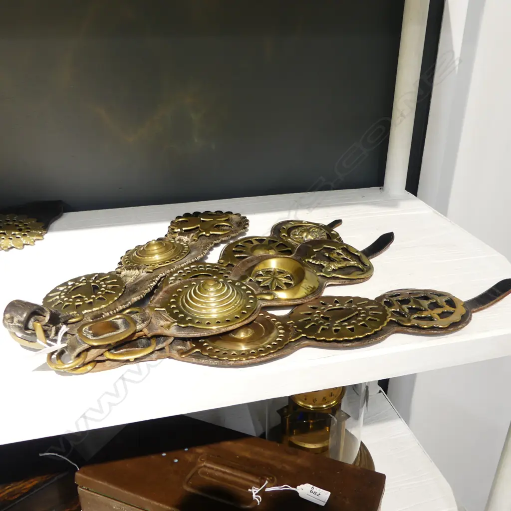 4 LEATHER MOUNTED HORSE BRASSES 3 BRASSES ON EACH L380MM Image 1++