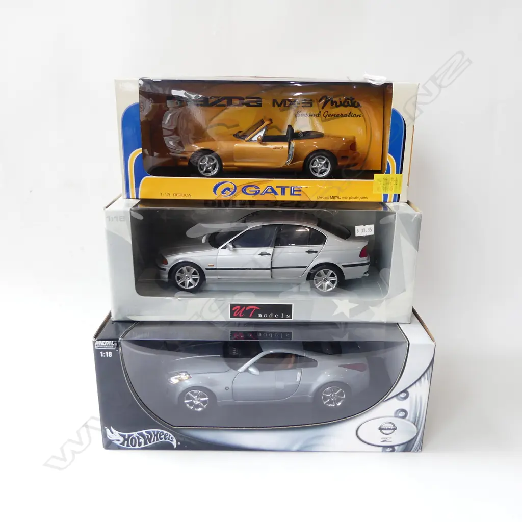 3 BOXED 1:18 MODEL CARS; MAZDA MX-5,BMW 328-I, HOTWHEELS Image 1++