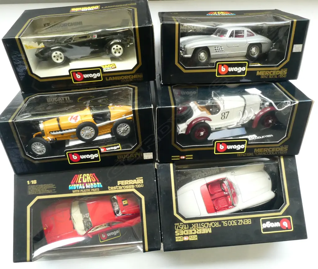 6 BOXED BBURAGO 1:18 MODELS; MERCEDES BENZ 300 SL, BENZ SSKL, BUGATTI GRAND-PRIX, etc Image 1++