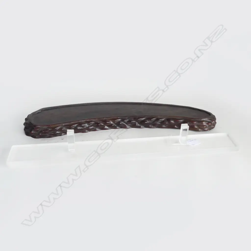 2 DISPLAY STANDS: CHINESE HARDWOOD long curved L.545mm + Perspex sword stand  Image 1++
