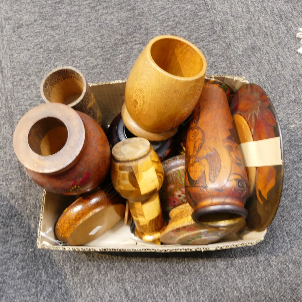 ASST ARTS & CRAFTS POKER WORK & TURNED WOOD VASES, TRINKET BOXES, etc LARGEST H.280mm Image 1++