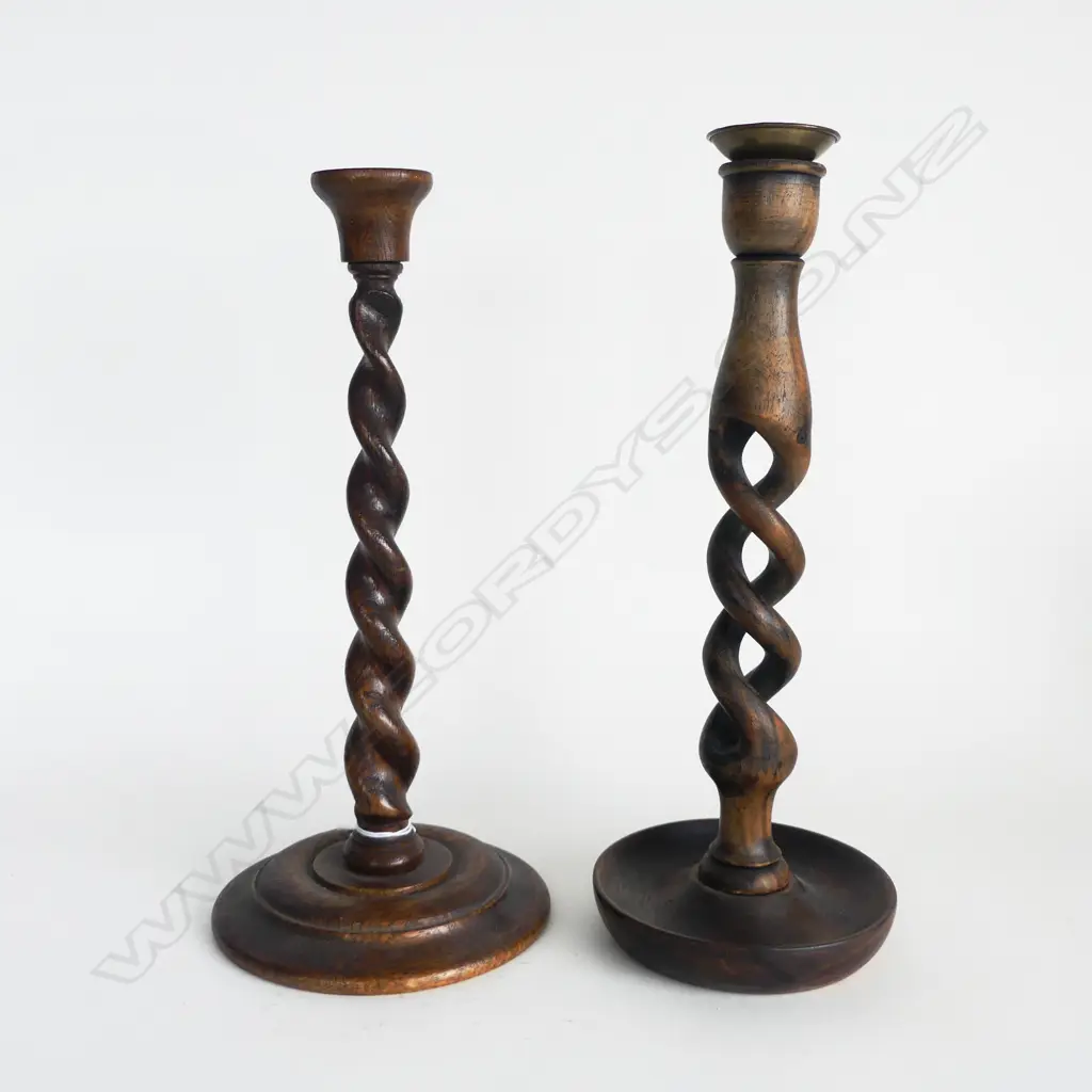 2 TURNED WOOD CANDLESTICKS H. Image 1++