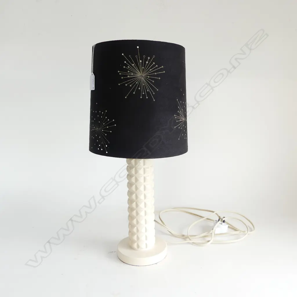 GAYLITE ( LABELED) TABLE LAMP cream painted carved wood geometric tapa? pattern. With shade H.495mm LAMP Image 1++