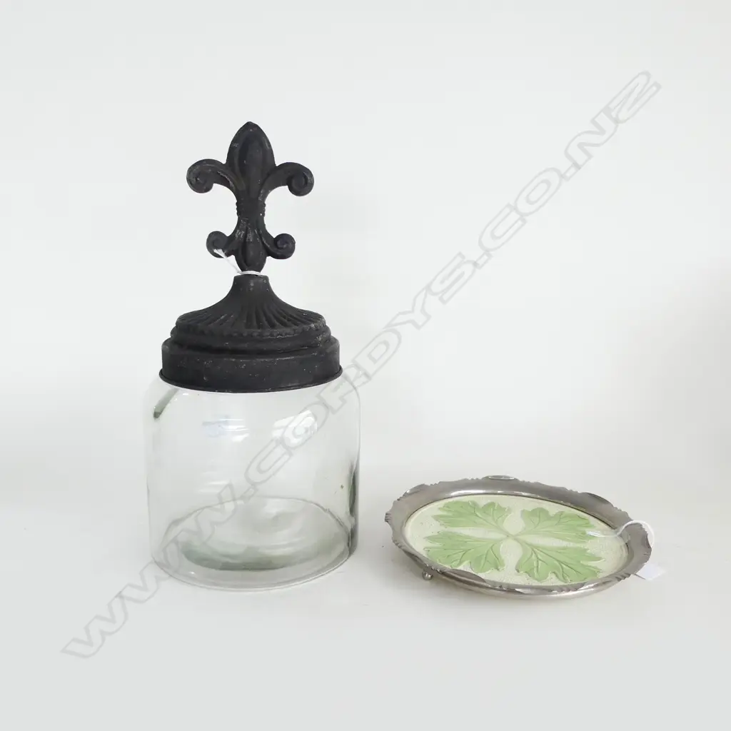 WMF TRAY & GLASS JAR w. FLEUR-DE-LIS METAL LID H.310mm Image 1++