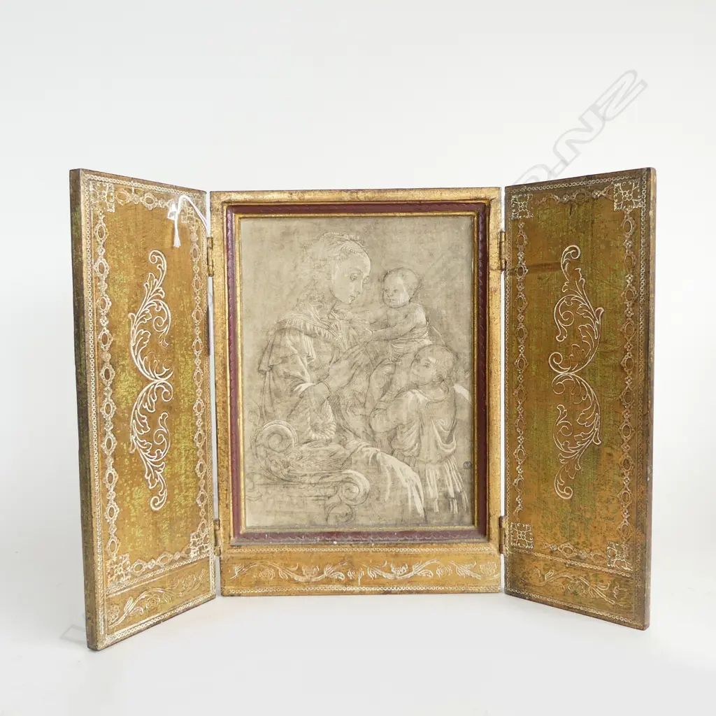 WOOD CARVED GILDED BI-FOLDING IMAGE OF MOTHER w. CHILDREN H.280mm Image 1++