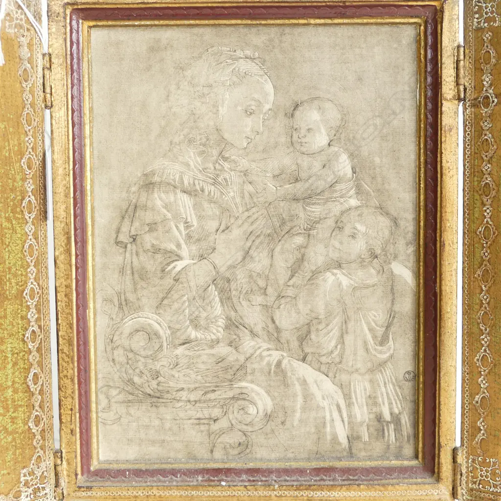 WOOD CARVED GILDED BI-FOLDING IMAGE OF MOTHER w. CHILDREN H.280mm Image 1++