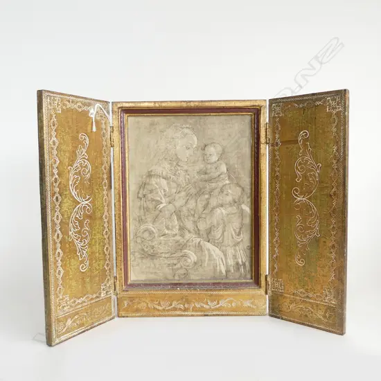 WOOD CARVED GILDED BI-FOLDING IMAGE OF MOTHER w. CHILDREN H.280mm