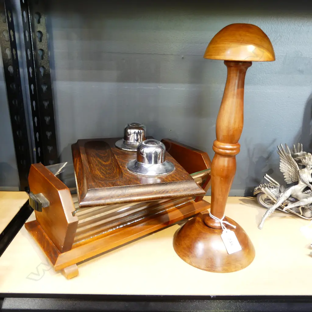 3 WOODEN PCES; DESK SET, HAT BLOCK, CONTAINER W.325mm Image 1++