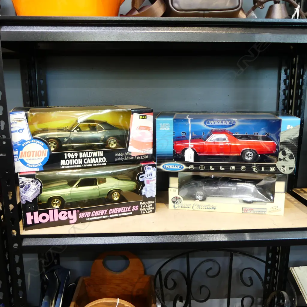 4 BOXED 1:18 MODEL CARS; HOLLEY 70 CHEVY CHEVELLE, WELLY 70 CHEVROLET EL CAMINO, 69 BALDWIN CAMARO, 78 CHEV CORVETTE Image 1++