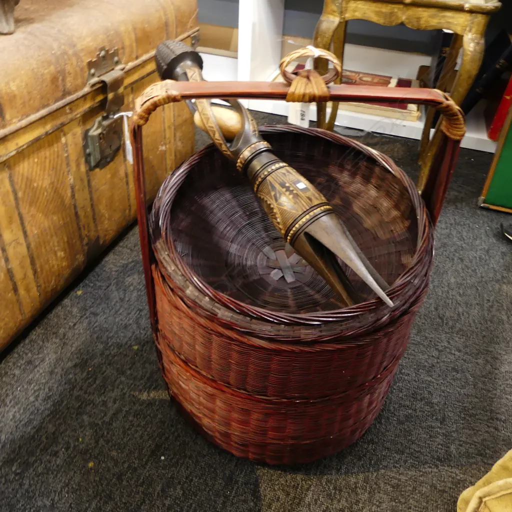 WOVEN ORIENTAL 2 COMPARTMENT BASKET H.430mm w. TOURIST CANNIBAL FORK Image 1++