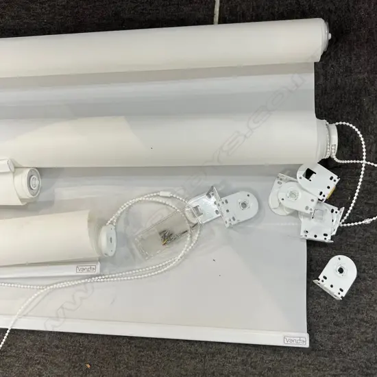 4 VANDRA WHITE ROLLER BLINDS 2 x 1.5m approx. & 2 x .48m approx. w fittings. minor marks