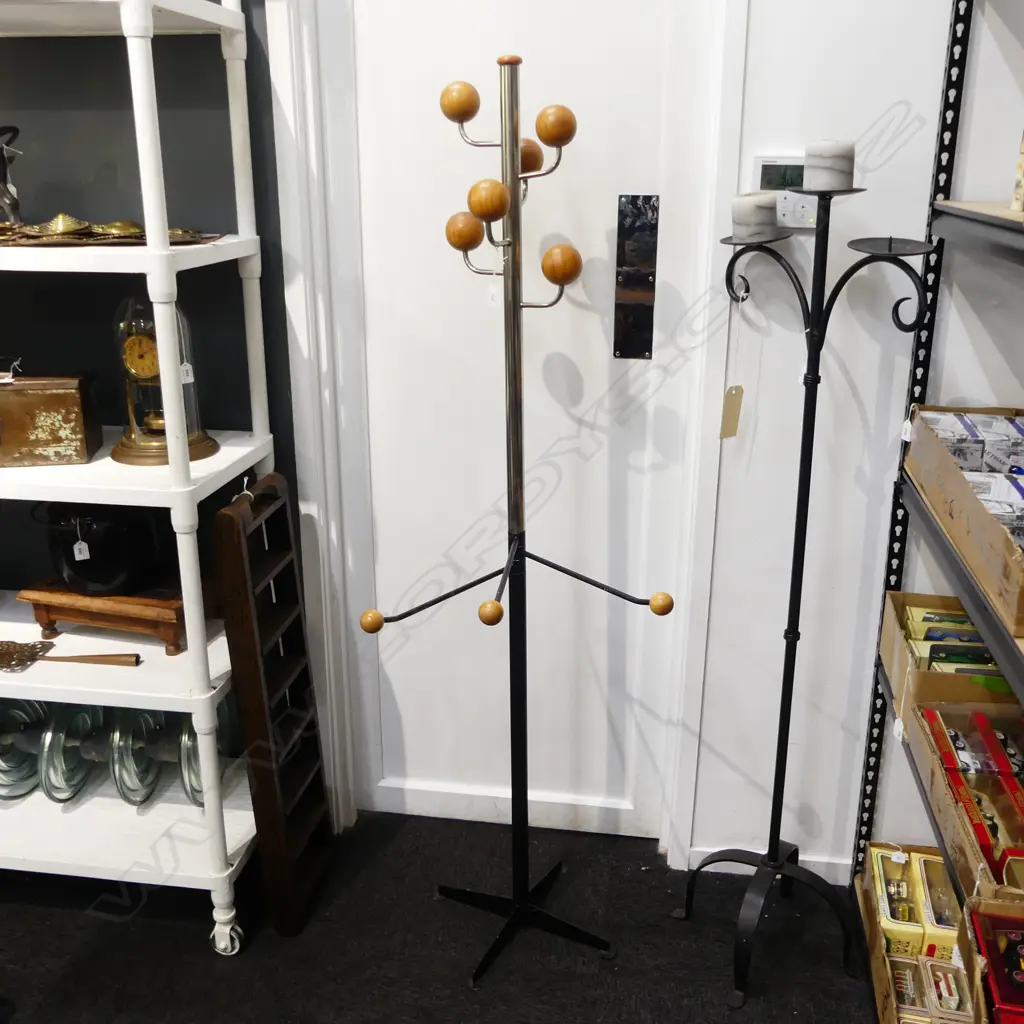 VINTAGE SCANDAVIAN  S/STEEL & TURNED WOOD COAT RACK H.1620mm Image 1++
