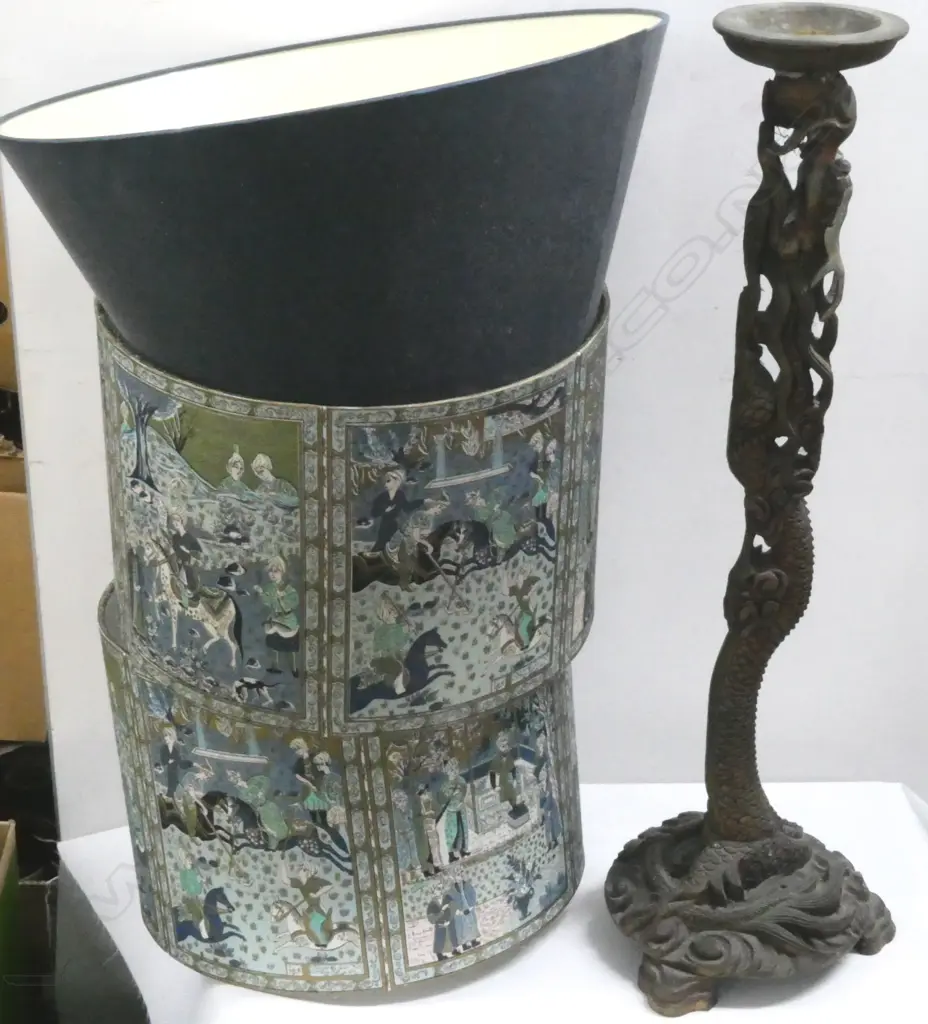 3 VINTAGE LAMPSHADES w. WOOD CARVED CHINESE DRAGON LAMP (UNWIRED)  Image 1++