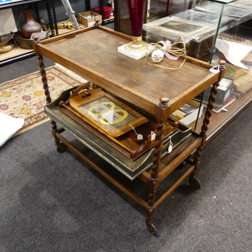 ANTIQUE OAK BARLEY TWIST 2 TIER TROLLEY 800x420x770mm Image 1++