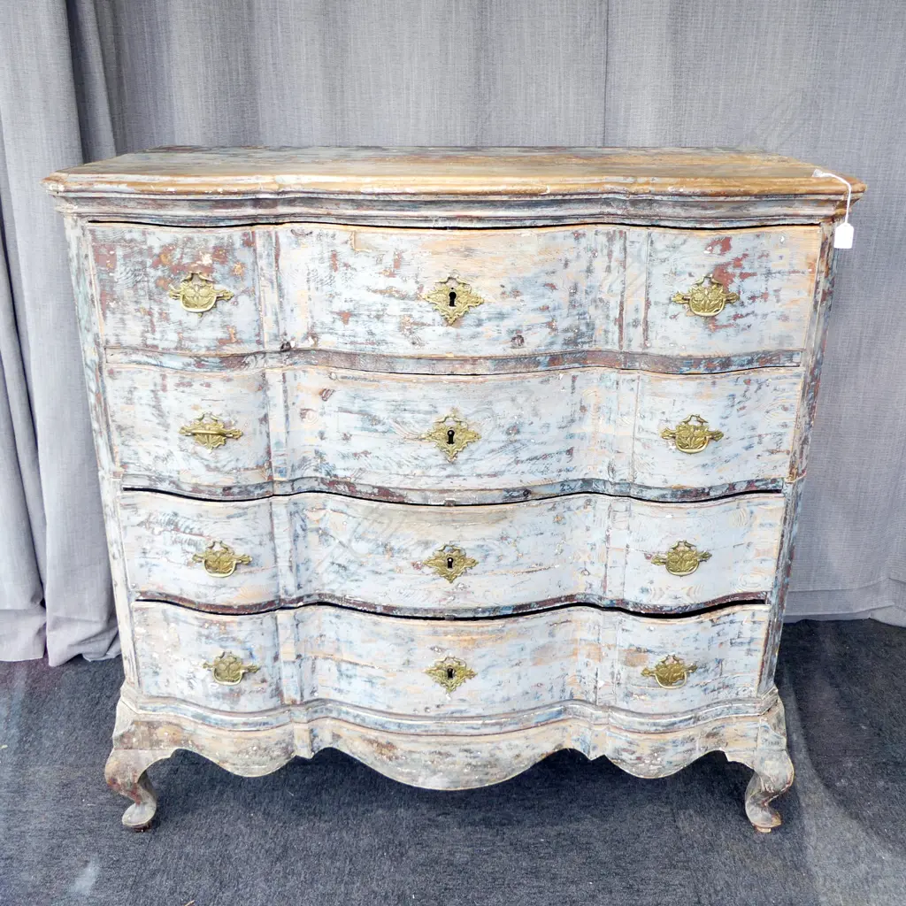 ANTIQUE DISTRESSED DANISH SERPANTINE FRONT CHEST OF DRAWERS 1240x640x1215mm FAULTS Image 1++