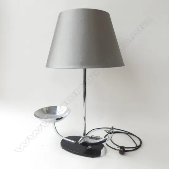 *RTV* ART DECO CHROME FISH & BOWL BASED TABLE LAMP silver silk shade H.640mm