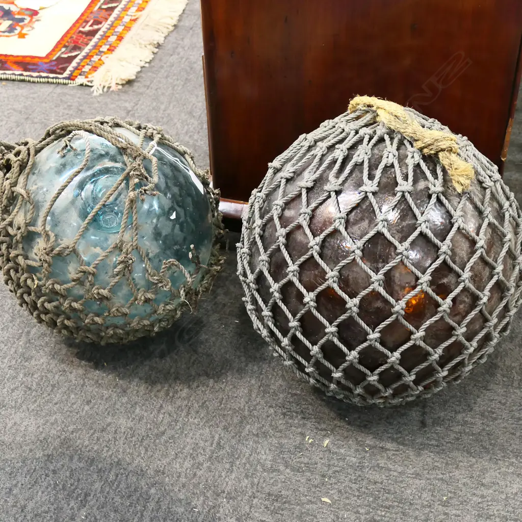 2 GLASS FISHING FLOATS; 1 w. NET WORN AWAY Dia. 330mm Image 1++