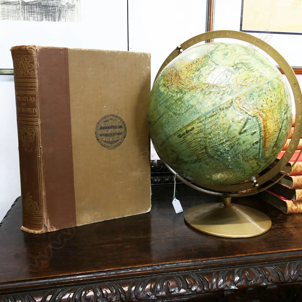VINTAGE GIMBALLED GLOBE H.420mm + HARMSWORTH NEW ATLAS OF THE WORLD Image 1++