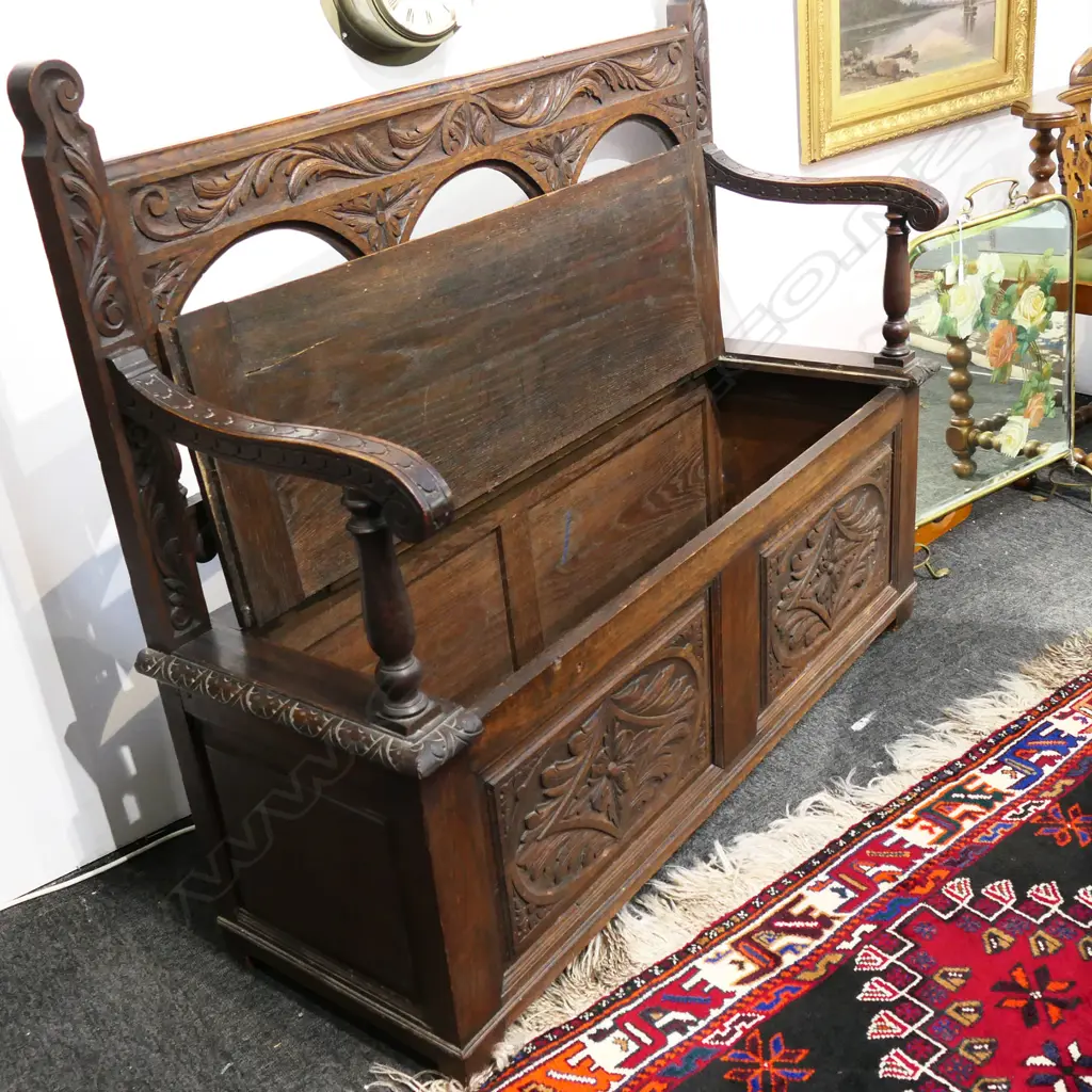 ANTIQUE CARVED OAK MONKS BENCH 1200x410x1040mm Image 1++