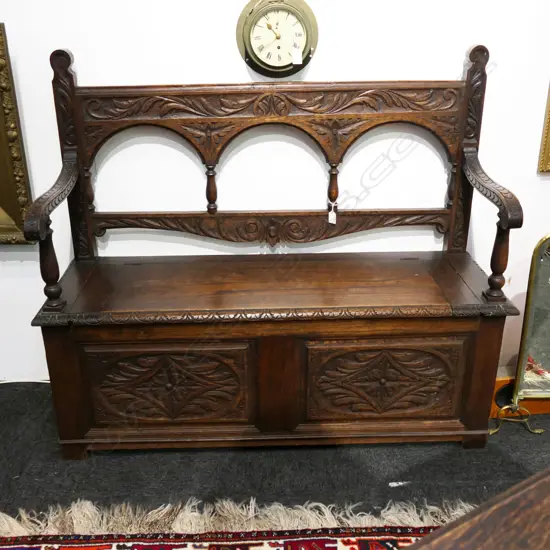 ANTIQUE CARVED OAK MONKS BENCH 1200x410x1040mm