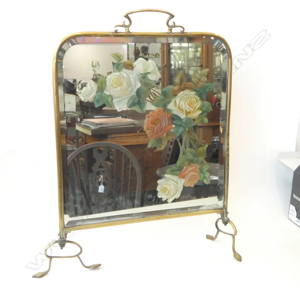 BRASS MIRRORED FIRE SCREEN w. PAINTED FLOWERS 650x470mm Image 1++