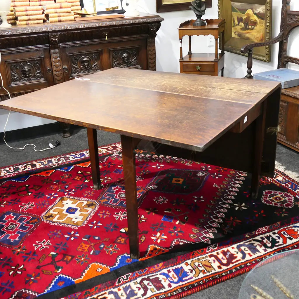 ANTIQUE OAK DROPSIDE DINING TABLE, 1460 x 1070 x 710mm, (taped split one leaf, marks to top) Image 1++
