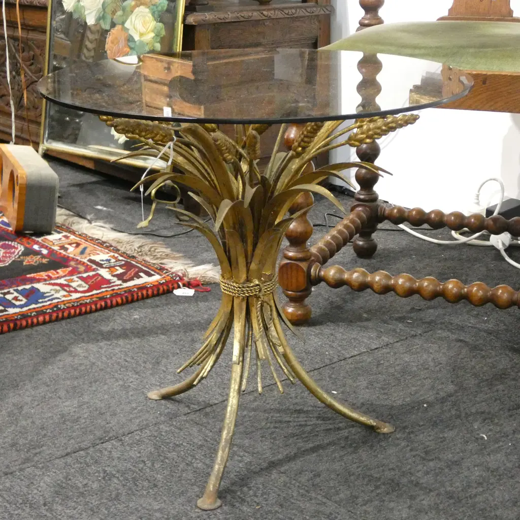 GILT METAL WHEAT SHEAF 'HOLLYWOOD REGENCY' SMOKEY GLASS TOPPED SIDE TABLE; Dia.500 H.480mm Image 1++