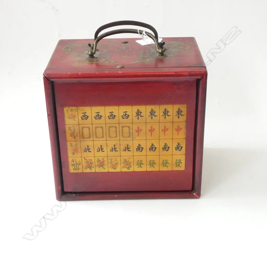 CHINESE 5 DRAWER CASED MAHJONG SET w. PHEONIX & DRAGON MOTIF H.180mm Image 1++